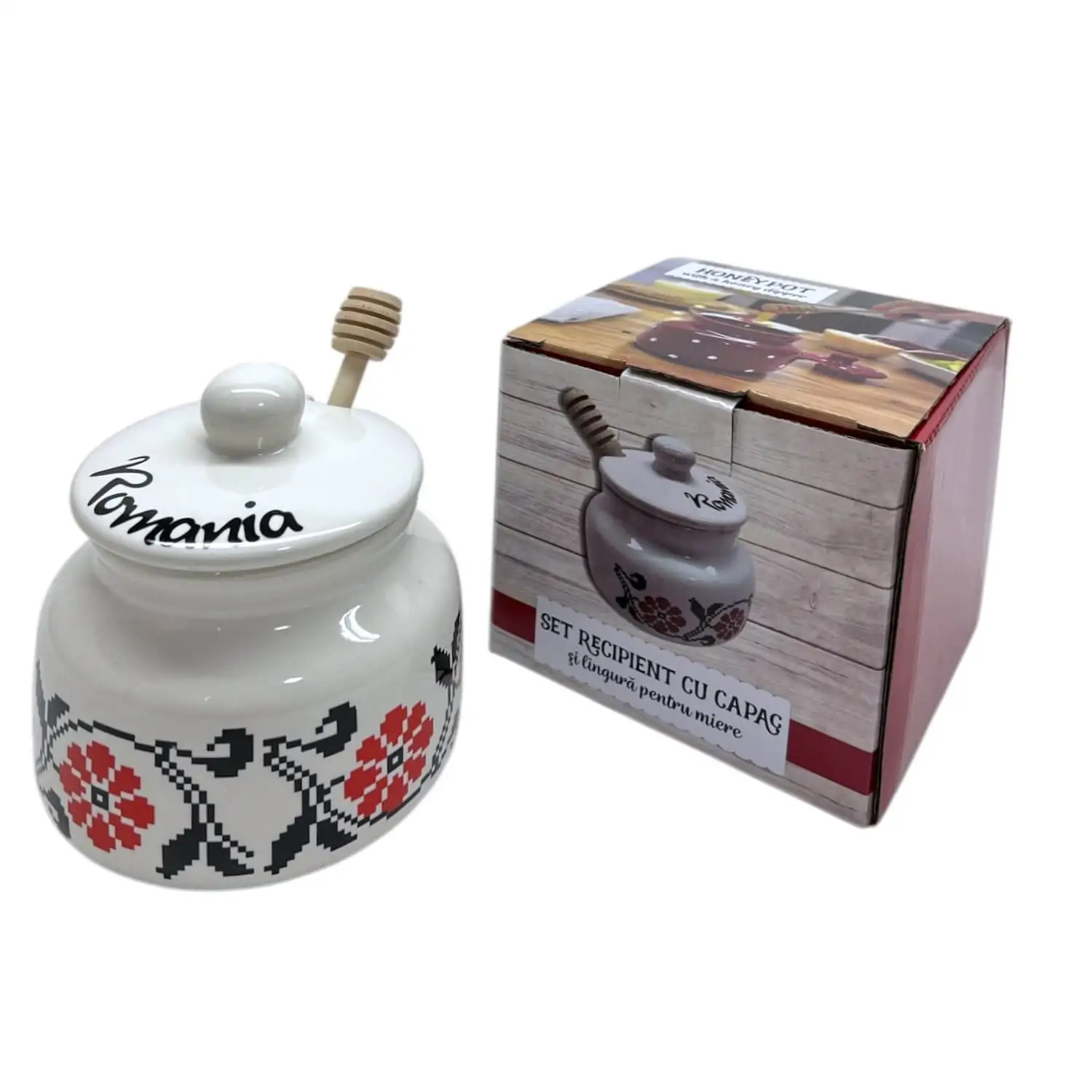 Articole pentru bucătărie - Suport miere ceramic Romania cu capac si lingurita