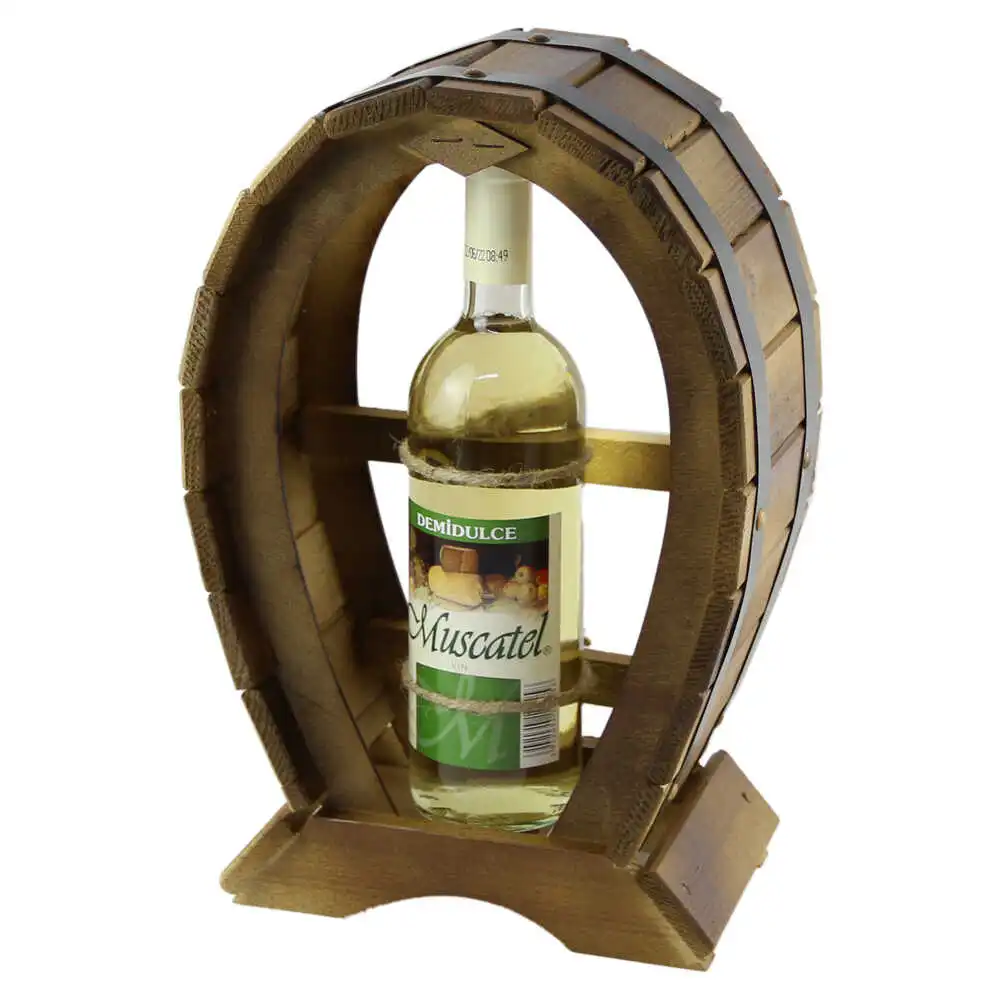 Casă și decorațiuni - Suport lemn Butoi cu o sticla de vin alb Muscatel 24x36 cm