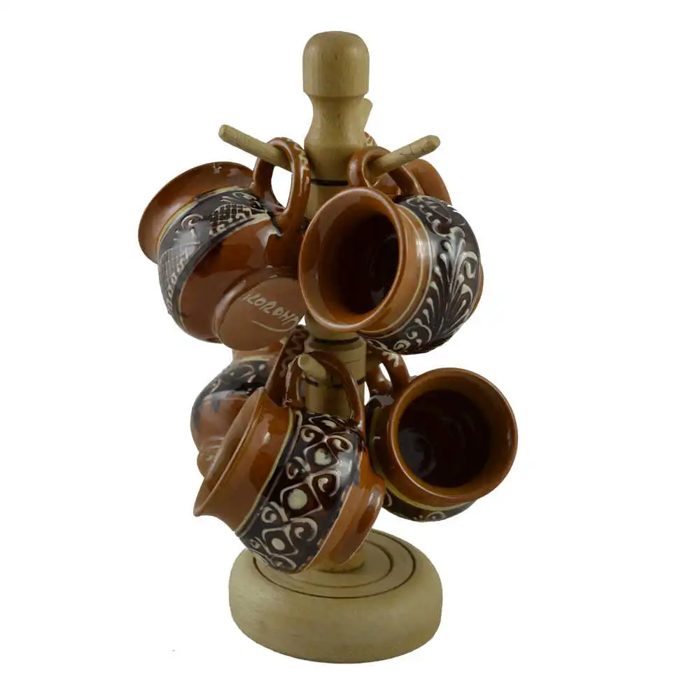 Căni și pahare - Suport realizat din lemn cu 6 cani mici din ceramica de Corund 13 x 13 x 23 cm