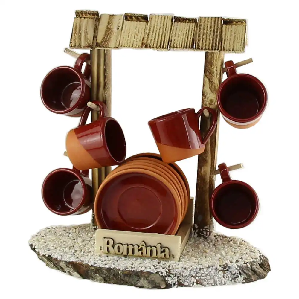 Set 6 cesti si farfurii Romania cu suport din lemn tip Fantana 30 x 15 x 32 cm [5]