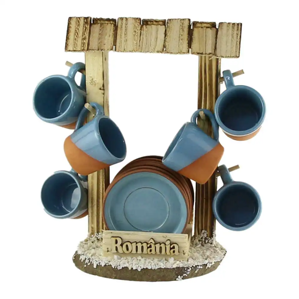 Set 6 cesti si farfurii Romania cu suport din lemn tip Fantana 30 x 15 x 32 cm [3]