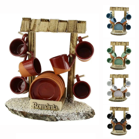 Căni și pahare - Set 6 cesti si farfurii Romania cu suport din lemn tip Fantana 30 x 15 x 32 cm