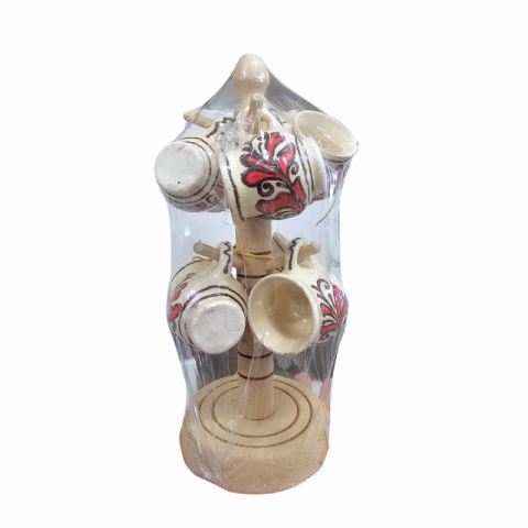 Căni și pahare - Suport din lemn cu cani din ceramica decor traditional 23 cm