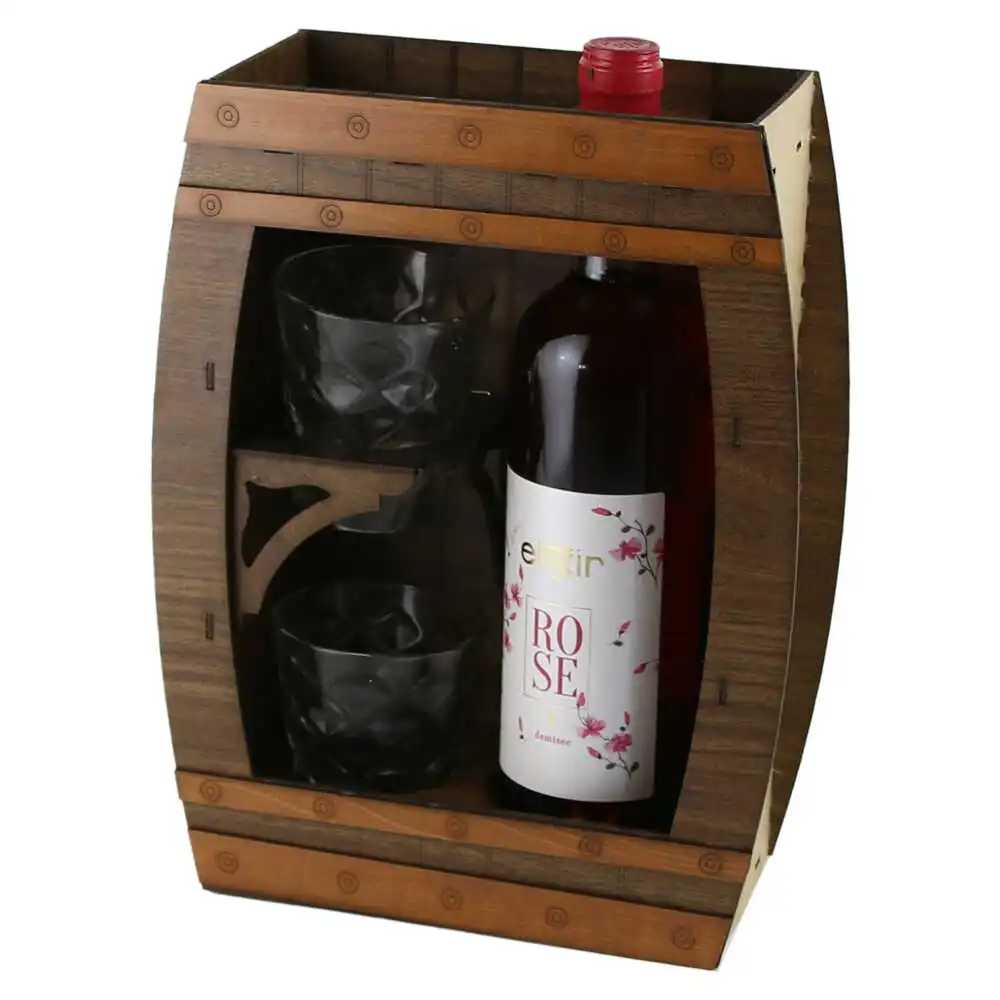 Casă și decorațiuni - Suport lemn cu o sticla de vin Elixir si 2 pahare 24 x 11 x 32 cm