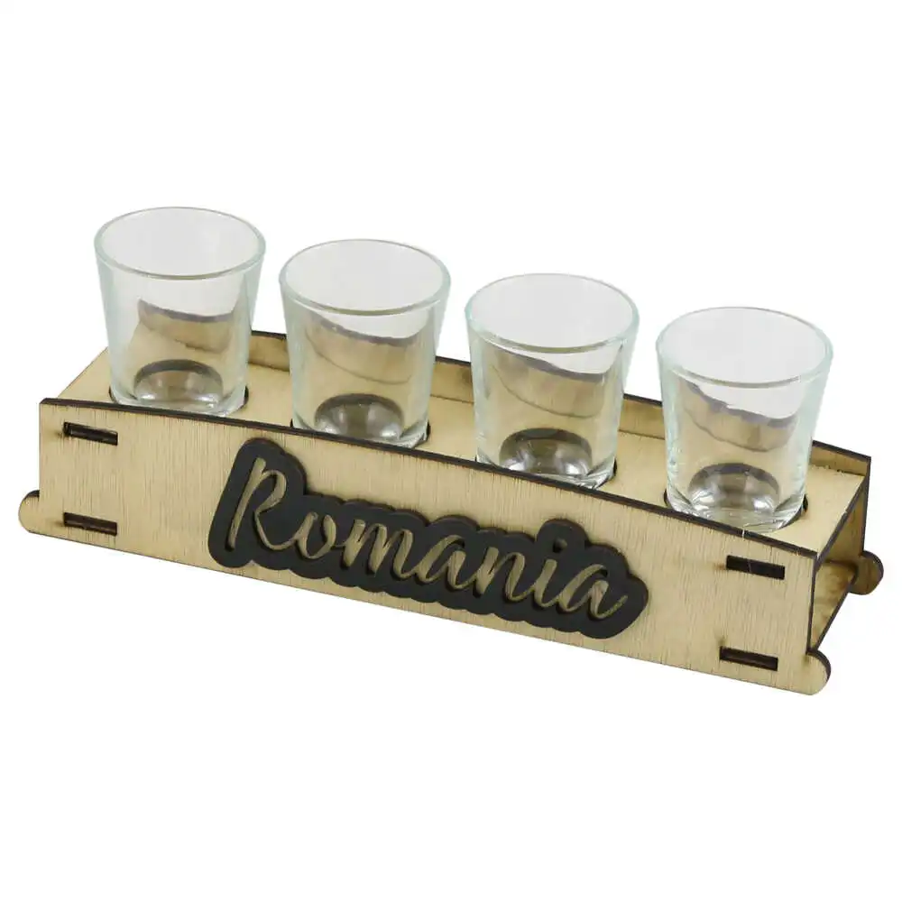 Noutăți Librăria Compas - Suport din lemn cu 4 pahare Romania 21 x 6 cm
