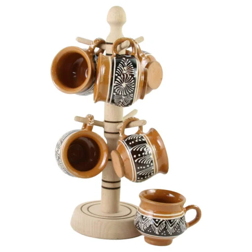 Noutăți Librăria Compas - Suport lemn cu 6 cesti tuica ceramica maro alb 14x27 cm