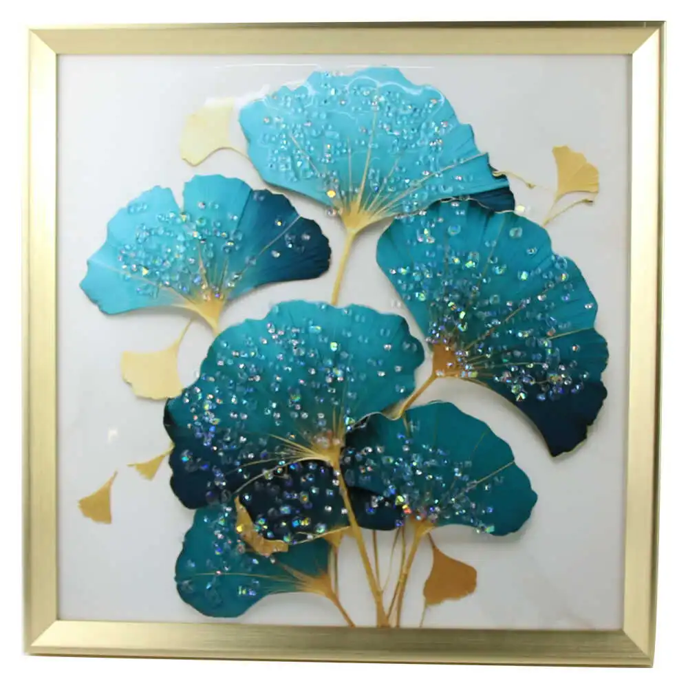 Ornamente și figurine decorative - Tablou 3d cu pietre stralucit 40x40cm frunze gingko 4314