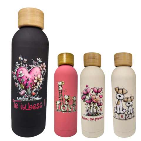 Accesorii școlare - Termos metalic colorat cu capac din lemn – mesaje dragoste Valentines