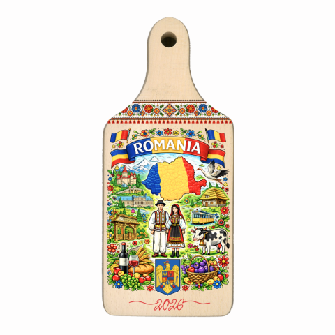 Souvenir România - Tocator mini personalizat UV Romania 10x22 cm