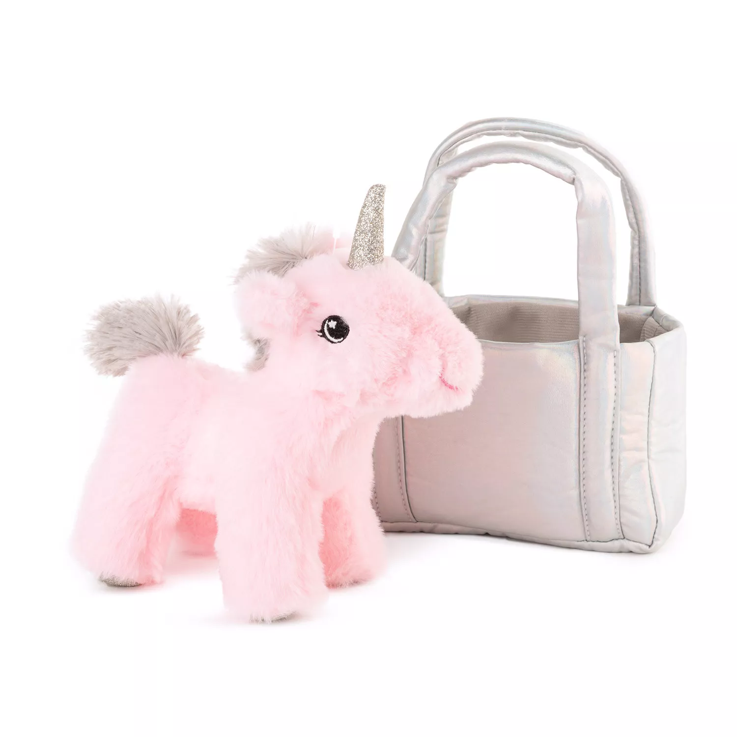 Jucării de pluș - Unicorn roz 22 cm plus in geanta argintie