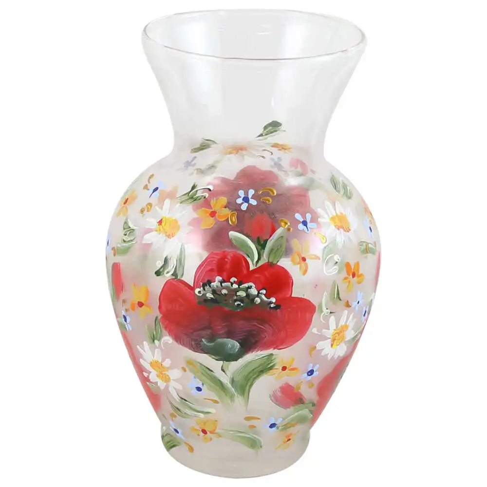 Casă și decorațiuni - Vaza din sticla pictata manual 12 x 20 cm Maci cu margarete