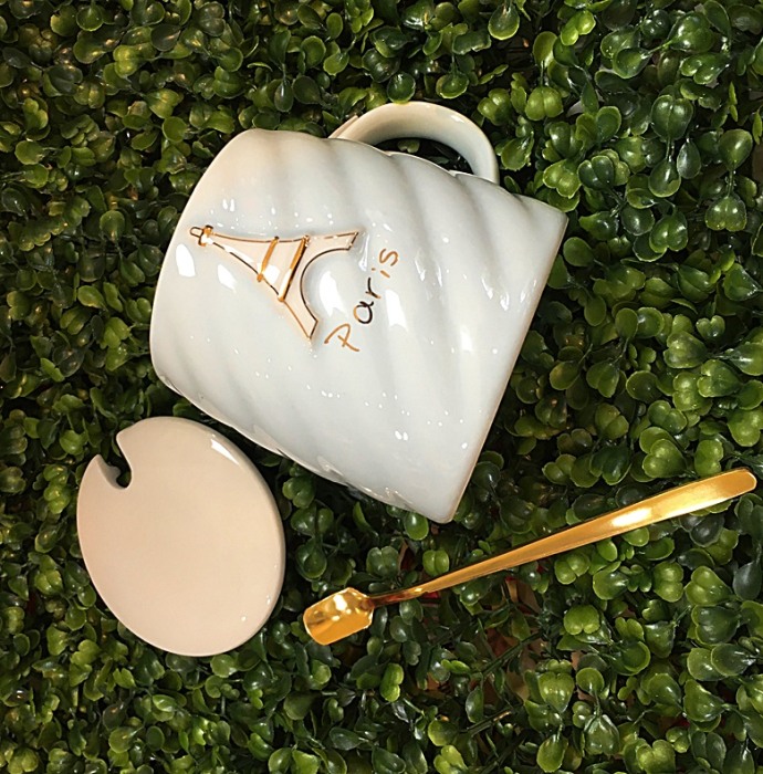 Cana cafea ceai Tour Eiffel Paris capac si lingurita aurie [2]