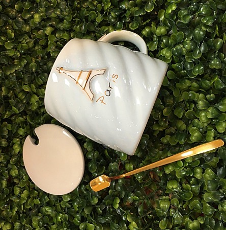 Cana cafea ceai Tour Eiffel Paris capac si lingurita aurie [1]