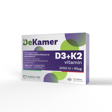 Oase și cartilaje - DeKamer D3 + K2 2000 UI, 30 comprimate, Supliment pentru oase, imunitate, muschi