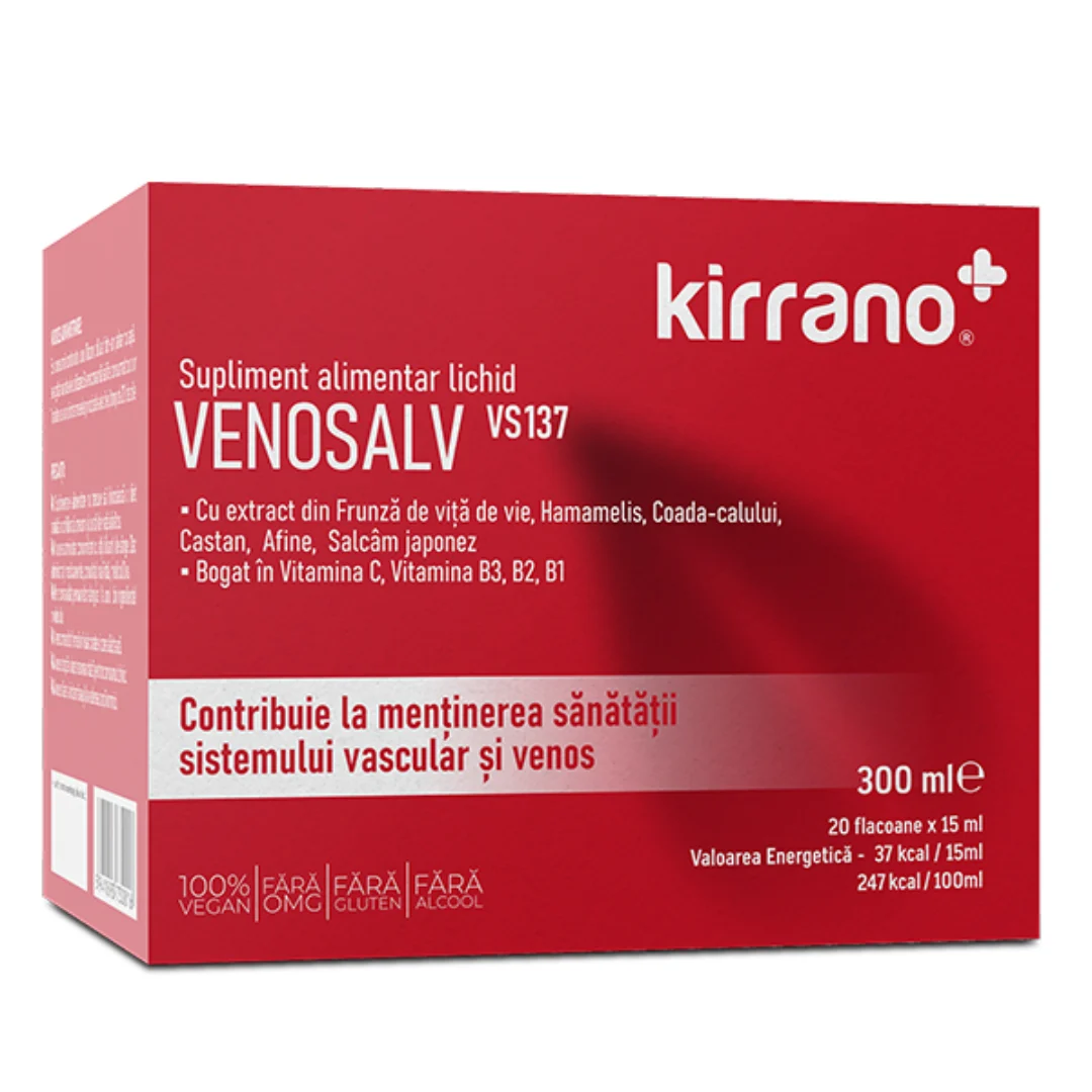 Sistem circulator - Kirrano VENOSALV VS137 20 Flacoane | Picioare Grele, Varice & Circulatie | Castan, Hamamelis, Vita de Vie, Afine, Coada-Calului, Salcam Japonez | Vitamina C, B1, B2, B3 | Lichid Vascular