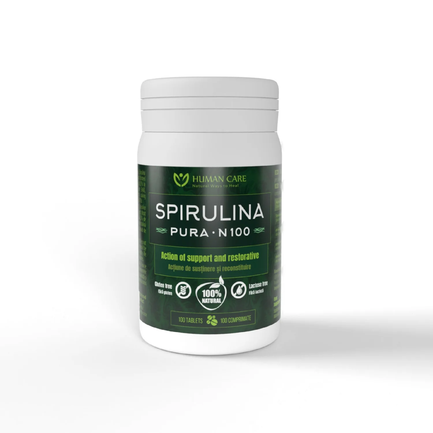 Categorii de produse - Spirulina Human Care, 100 Comprimate, Superaliment 60% Proteine, Energie, Imunitate & Detoxifiere, Phycocyanina, Clorofila, Vitamine A B C D E K + Minerale, Vegan
