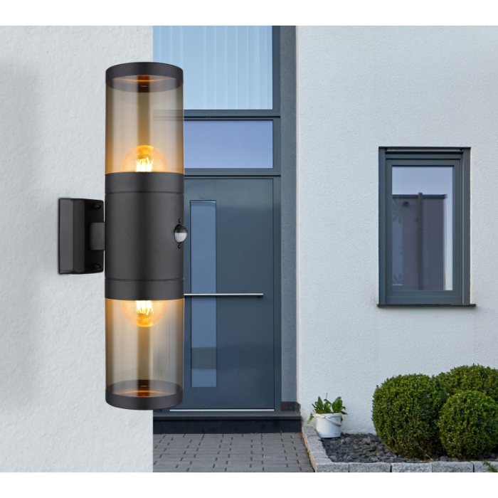 Aplica de exterior Xeloo, oțel inoxidabil negru mat, cu senzor, IP44, 2xE27 [2]