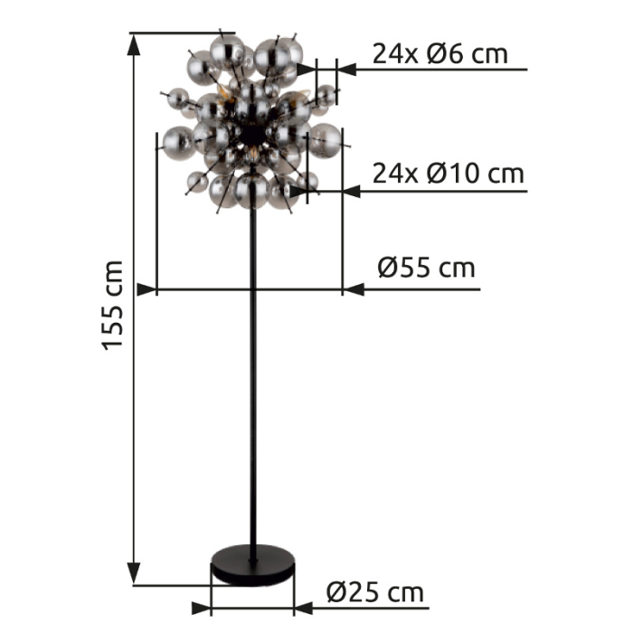 Lampadar Udo, negru mat/sticla fumurie, 6xE14, D55cm [5]