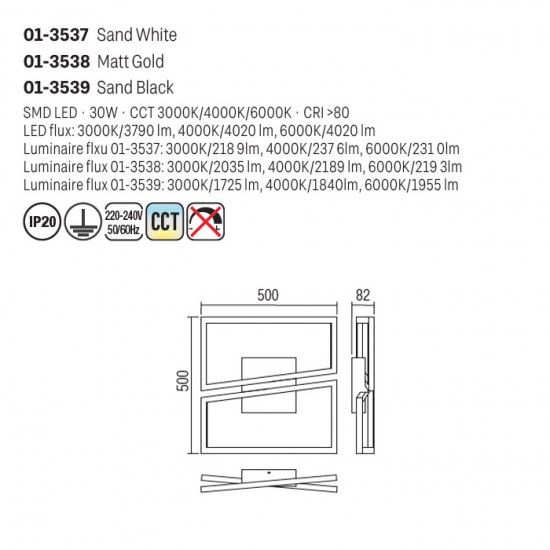 Plafoniera LED Slash, auriu mat, 30w, CCT 3000K/4000K/6000K, D.50X50X8.2 cm [2]