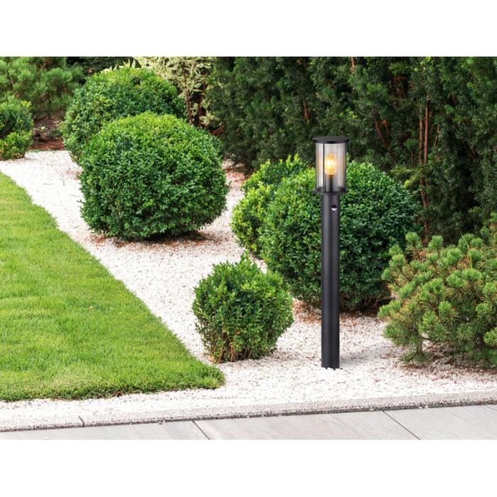 Stalp de exterior Gracey, cu senzor, oțel inoxidabil negru mat, sticlă de culoare fumurie, tije metalice negru mat, IP54 1xE27 [2]