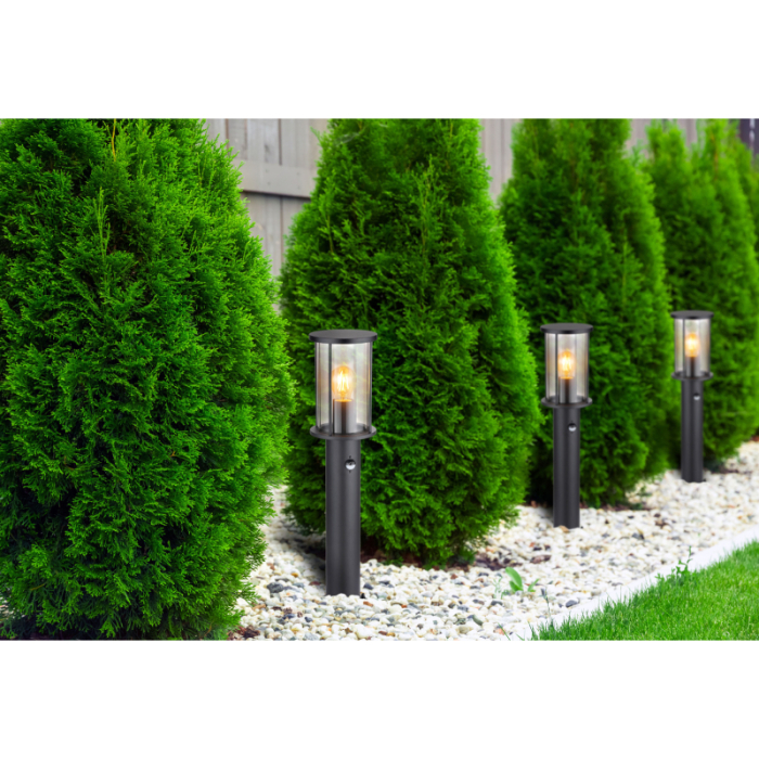 Stalp de exterior Gracey, cu senzor, oțel inoxidabil negru mat, sticlă de culoare fumurie, tije metalice negru mat, IP54 1xE27 [2]