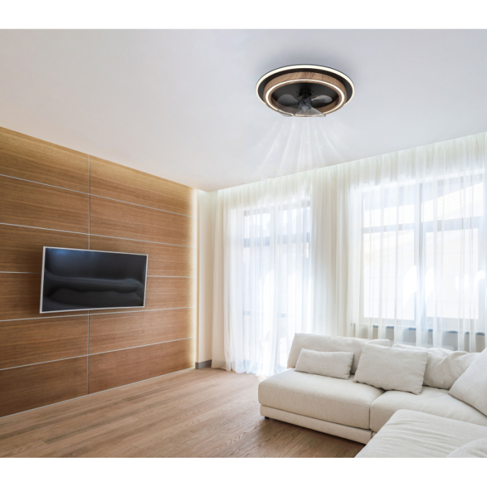 Ventilator de tavan LED Bozan, metal negru mat, MDF aspect lemn închis, plastic opal, plastic fumuriu, dimmable, 32W CCT 2700-6500K [2]