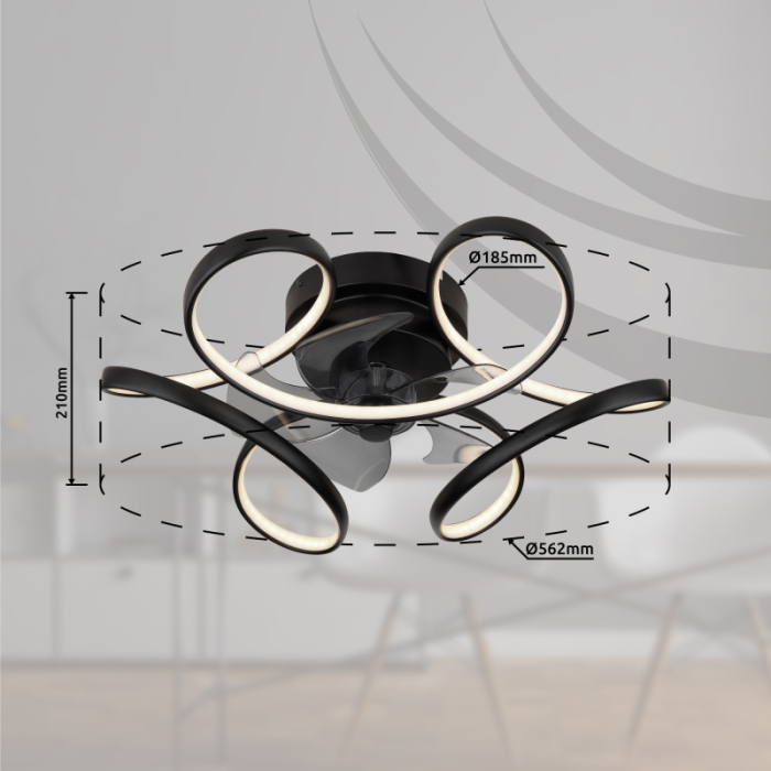 Ventilator de tavan LED Loris,  metal negru mat, acril opal, plastic transparent, dimmable, 30W  CCT 3000-6000K [6]
