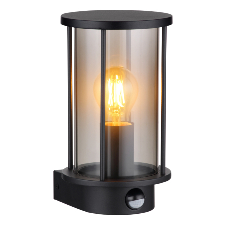 Iluminat exterior - Aplica de exterior Gracey, cu senzor, oțel inoxidabil negru mat, sticlă de culoare fumurie, tije metalice negru mat, IP65 1xE27