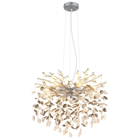 Iluminat interior - Suspensie Queena, metal argintiu mat, cristale de sticlă fumurii, transparente, 8xE14