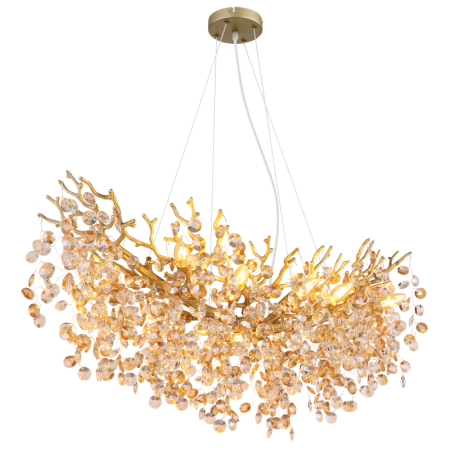 Iluminat interior - Suspensie Queena, metal auriu mat, cristale de sticlă chihlimbar, transparente, 10xE14