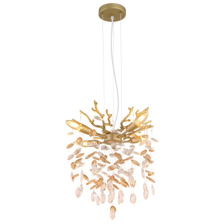 Iluminat interior - Suspensie Queena, metal auriu mat, cristale de sticlă chihlimbar, transparente, 4xE14