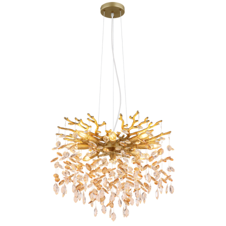 Iluminat interior - Suspensie Queena, metal auriu mat, cristale de sticlă chihlimbar, transparente, 8xE14