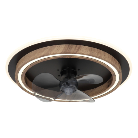 Ventilatoare - Ventilator de tavan LED Bozan, metal negru mat, MDF aspect lemn închis, plastic opal, plastic fumuriu, dimmable, 32W CCT 2700-6500K