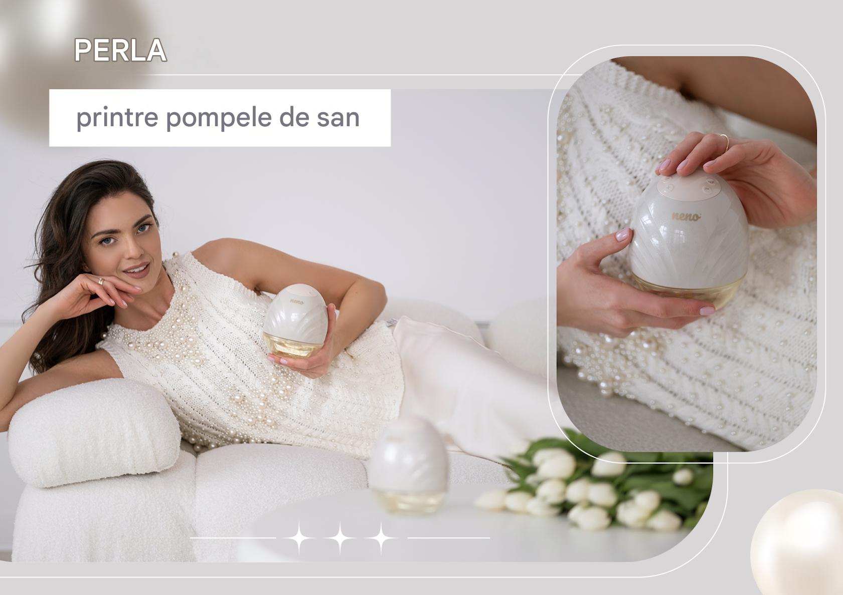 o femeie purtând perle ține o pompă de sân Neno Perla Twin