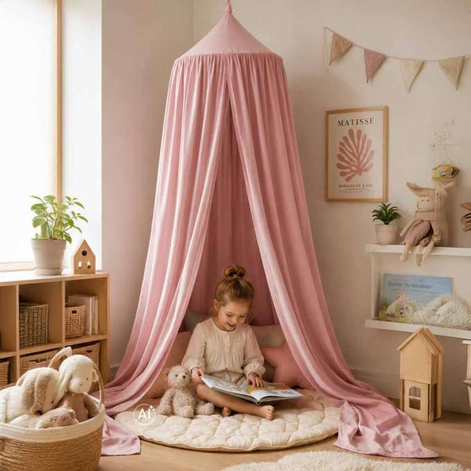 Baldachin pentru pat copii tip cort suspendat roz deschis 280 cm [2]