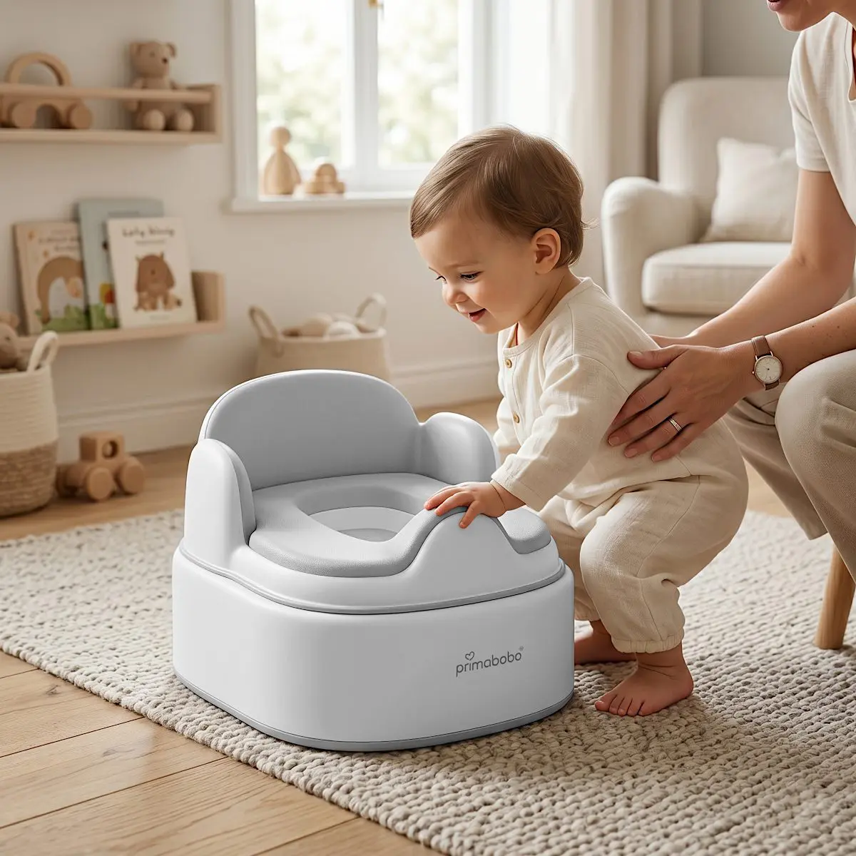 Olita multifunctionala 4 in 1 pentru copii Primabobo– Reductor WC, Inaltator, Scaun, Recipient detasabil, Perna moale, Spatar ergonomic, Anti-alunecare, Anti-stropire, Capac inclus culoare GRI [7]