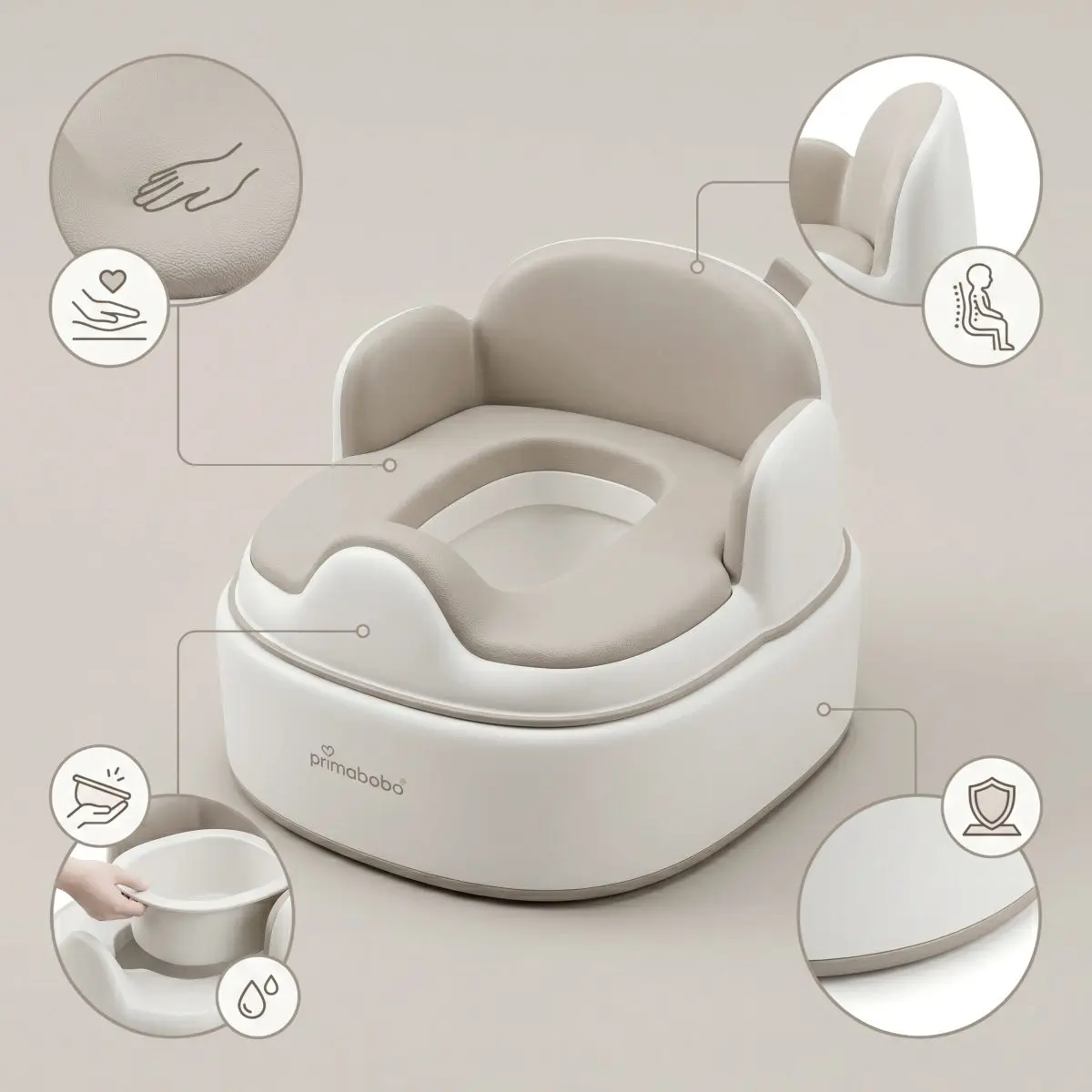 Olita multifunctionala 4 in 1 pentru copii Primabobo– Reductor WC, Inaltator, Scaun, Recipient detasabil, Perna moale, Spatar ergonomic, Anti-alunecare, Anti-stropire, Capac inclus culoare BEJ [8]