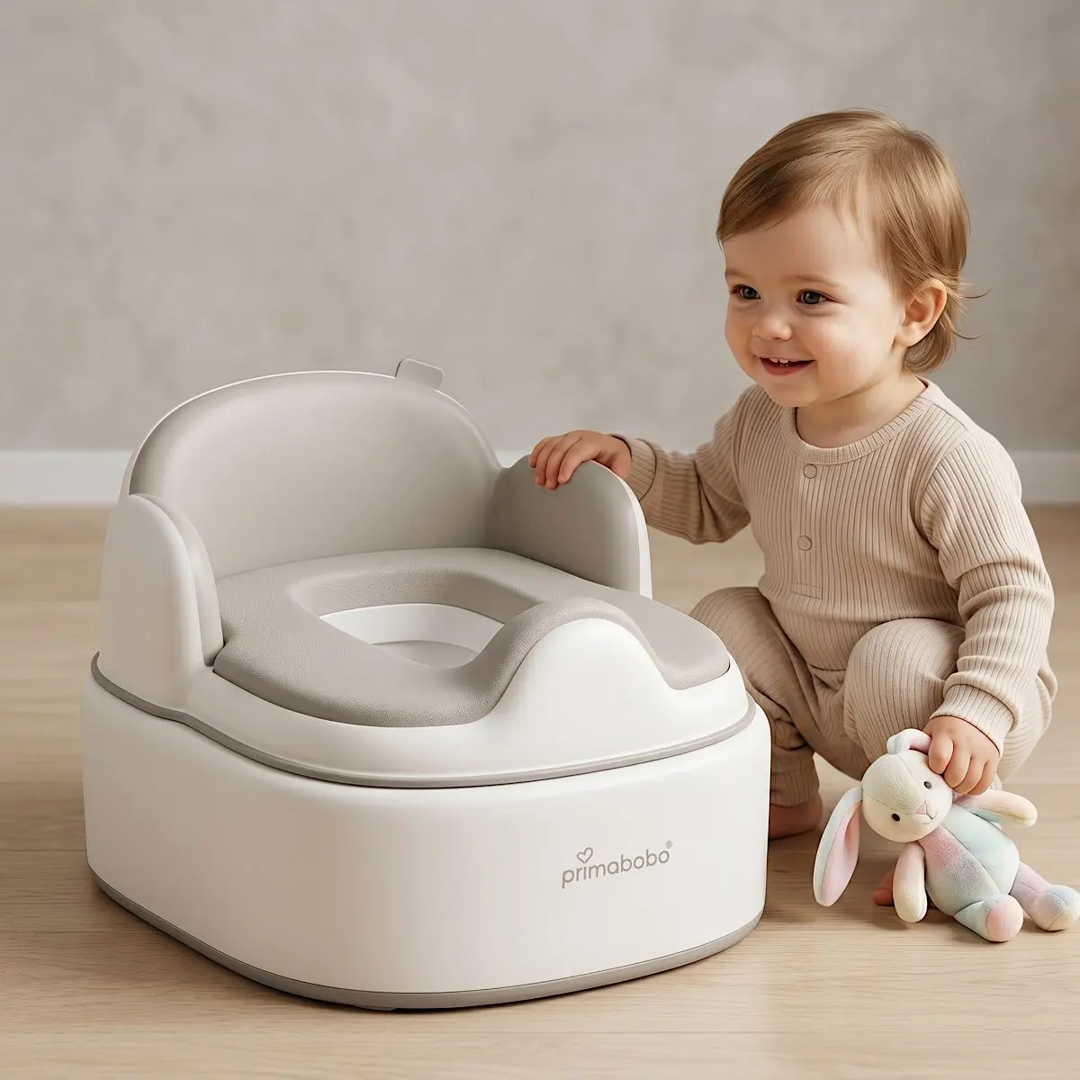 Olita multifunctionala 4 in 1 pentru copii Primabobo– Reductor WC, Inaltator, Scaun, Recipient detasabil, Perna moale, Spatar ergonomic, Anti-alunecare, Anti-stropire, Capac inclus culoare BEJ [4]