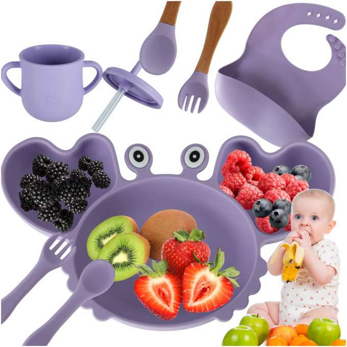 Set hranire pentru copii din silicon, model crab, 9 piese, violet [1]