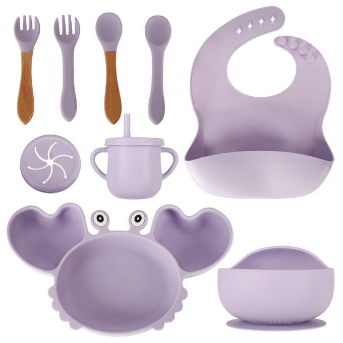 Set hranire pentru copii din silicon, model crab, 9 piese, violet [2]