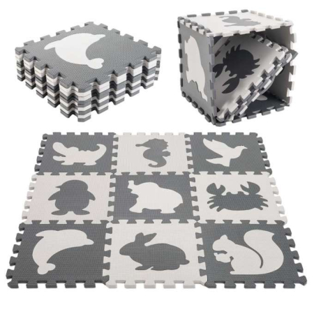 Covorase Educationale - Covor tip puzzle spuma , 9 piese, gri-ecru, antiderapant, 85x85x1cm