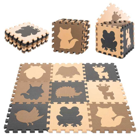 Covorase Educationale - Covoraș puzzle din spumă pentru copii 9 el. bej-maro-negru 85cm x 85cm x 1cm