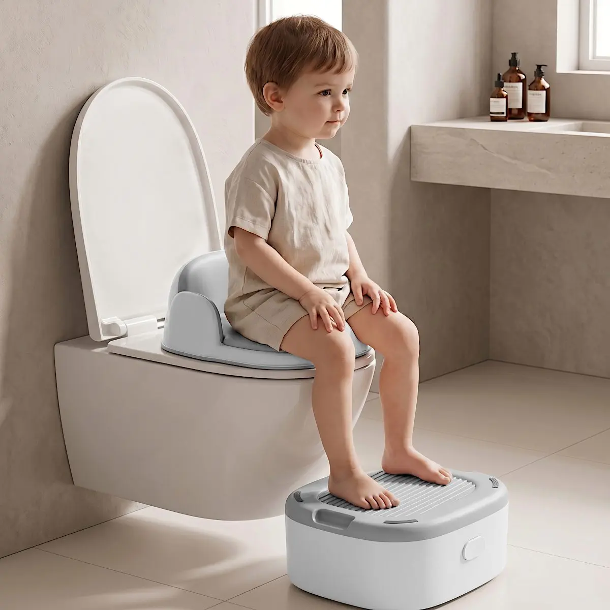 Olita multifunctionala 4 in 1 pentru copii Primabobo– Reductor WC, Inaltator, Scaun, Recipient detasabil, Perna moale, Spatar ergonomic, Anti-alunecare, Anti-stropire, Capac inclus culoare GRI [13]