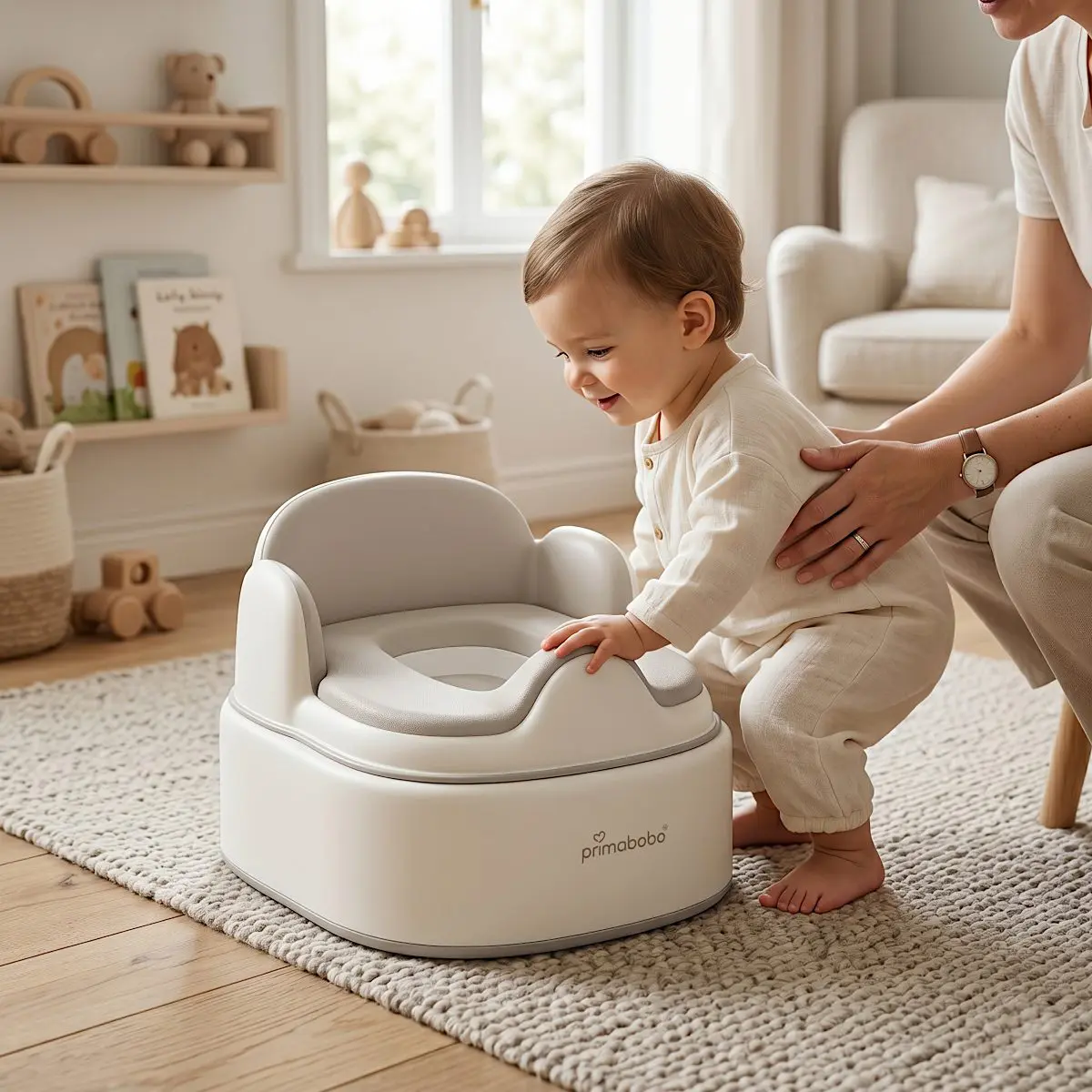Olita multifunctionala 4 in 1 pentru copii Primabobo– Reductor WC, Inaltator, Scaun, Recipient detasabil, Perna moale, Spatar ergonomic, Anti-alunecare, Anti-stropire, Capac inclus culoare BEJ [5]