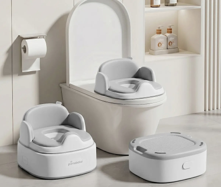 Olițe si Reductoare WC - Olita multifunctionala 4 in 1 pentru copii Primabobo– Reductor WC, Inaltator, Scaun, Recipient detasabil, Perna moale, Spatar ergonomic, Anti-alunecare, Anti-stropire, Capac inclus culoare GRI