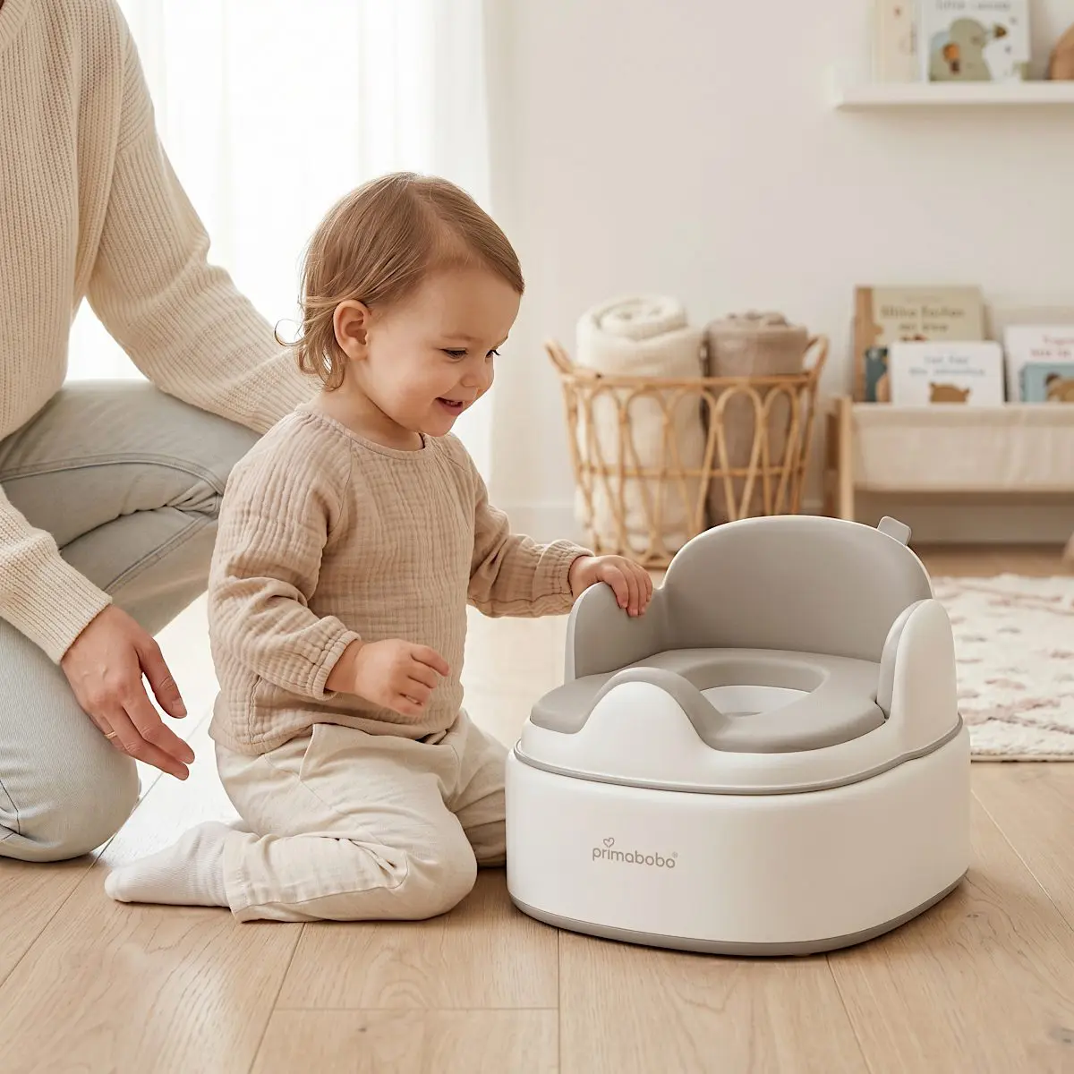 Olita multifunctionala 4 in 1 pentru copii Primabobo– Reductor WC, Inaltator, Scaun, Recipient detasabil, Perna moale, Spatar ergonomic, Anti-alunecare, Anti-stropire, Capac inclus culoare BEJ [4]
