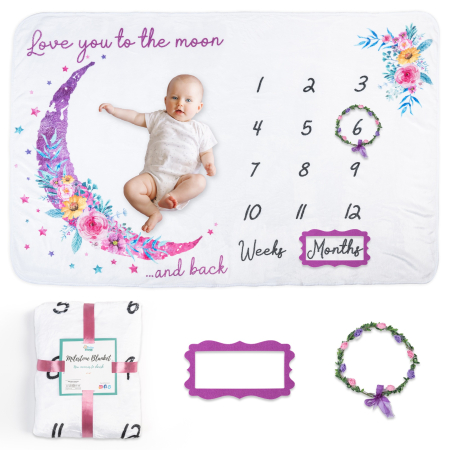 Pǎturici Aniversare - Păturica aniversara Milestone Lună Roz - 100x150cm