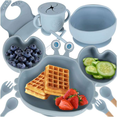 Bebe la Masa - Set hranire din silicon pentru copii, crab 9 piese, crab albastru BPA FREE