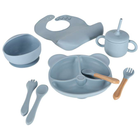 Set hranire din silicon pentru copii ,ursulet , 8 elemente, albastru [8]