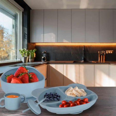 Set hranire din silicon pentru copii ,ursulet , 8 elemente, albastru [9]